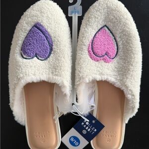 Roller Rabbit Cream Sherpa Slip-On Slippers with Pink & Purple Hearts